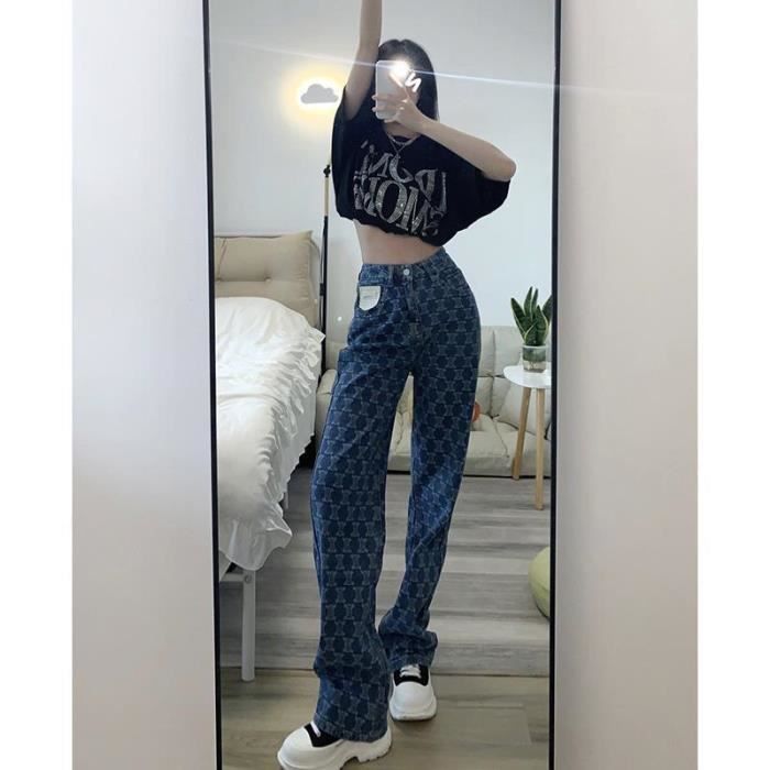 Jean Bleu a Carreaux pour Femme Streetwear Club Taille Haute Pantalon Droit Jambes Larges Blanc Cdiscount Pret a Porter