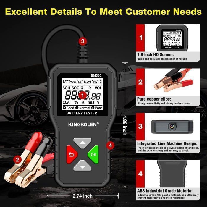 KINGBOLEN BM520 Testeur de batterie de voiture 6 V/12 V/24 V 100-2000 CCA