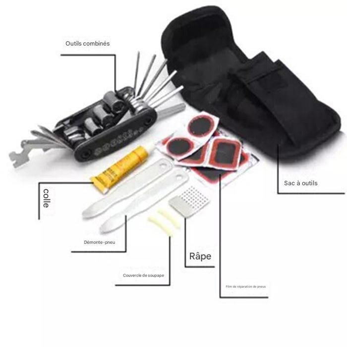 Kit De Réparation Vélo 16-en-1 – Acier + ABS, Clés, Tournevis, Démonte-chaîne, Compact, Avec Sac De Rangement