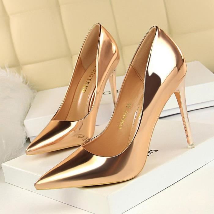 Escarpins Femme M tallique Vernis Bout Pointu Ferm El gant Talon