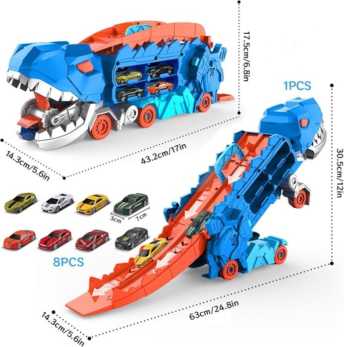 Dinosaur Camion de Transport Jeu Ensemble Voiture Jouet pour Enfant 3-5 Ans,Tyrannosaure avec 8