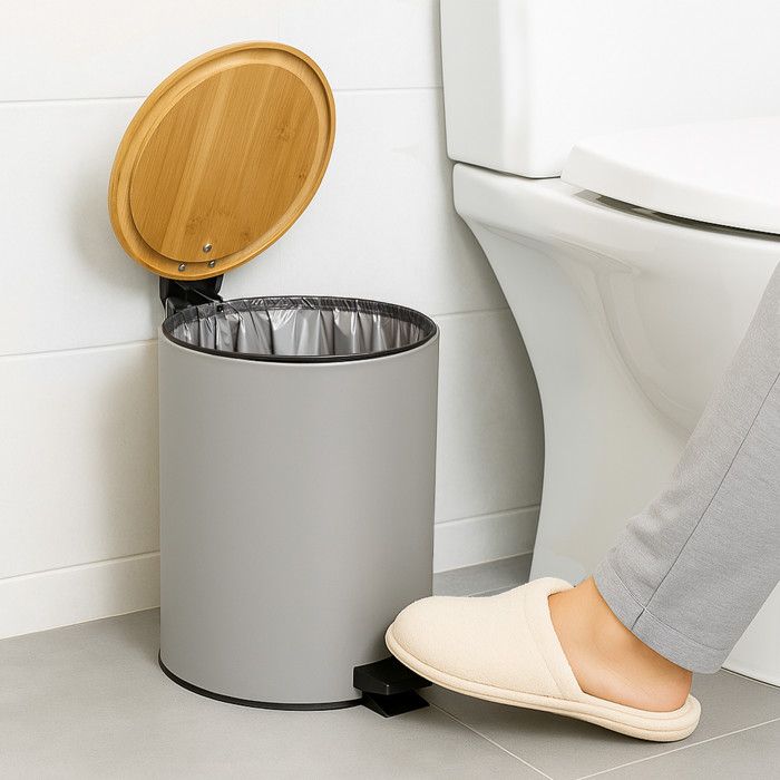 Poubelle Salle De Bain Relaxdays - 5L Avec Couvercle Bambou Et Pédale