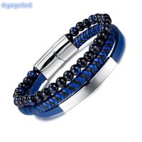 Bijoux Bracelet Hommes-Bracelet vintage en cuir tressé avec fermoir magnétique et perles de verre noires style hip hop
