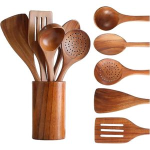 Ensemble de 9 ustensiles de cuisine en teck naturel avec repose-cuillère - Cuillères de cuisine à prise confortable et support pour ustensiles de cuisine