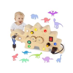 TABLEAU ENFANT Busy Board en Bois - Design Dinosaure - Tableau d'activités avec lumière LED - Blanc
