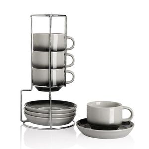 Tasses à café en verre (x6) et support en métal noir
