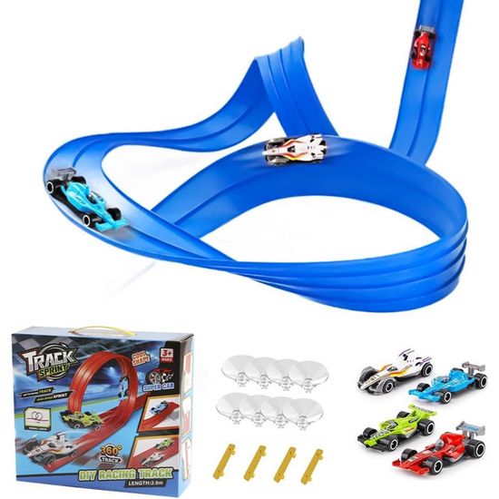 Circuit Voiture Enfant 5M, Jouet de Circuit Automobile avec 6 Voitures, Sac Rangement, Jouet Enfant 4 5 6 7 8 Ans, Piste de Voiture Flexible Enroulable, Bleu Rouge