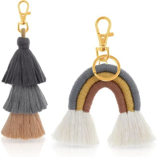 Porte-clés Arc-en-Ciel En Macramé Main - Pompon Pampilles - Style Bohème - Cadeau Marraine, Femme, Fille - 4,7x10,7 Cm