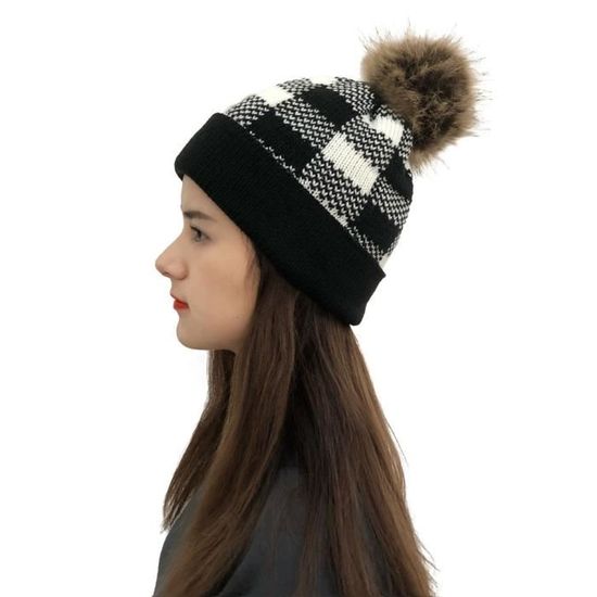 Neverless Bonnet Tricoté Avec Pompon En Fourrure Synthétique Pour Femme - Bleu - Taille Unique