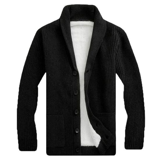 Gilet Hiver Homme Doublé Polaire Cardigan En Tricot Chaud Epais Couleur Unie Avec Poches Tissu