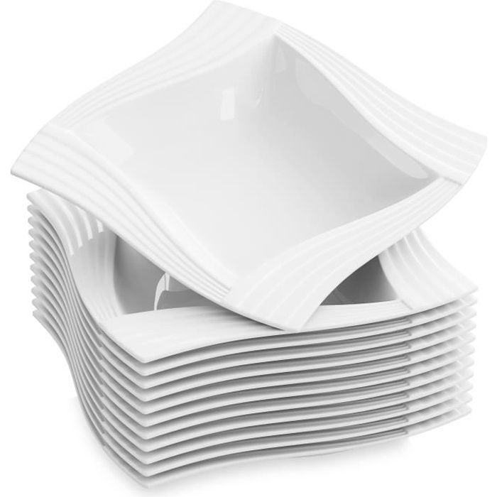 12pcs Assiettes Creuse 20cm Porcelaine Vaisselles Assiette à Soupe Pâte Carré Plat Service de Table Malacasa Série AMPARO