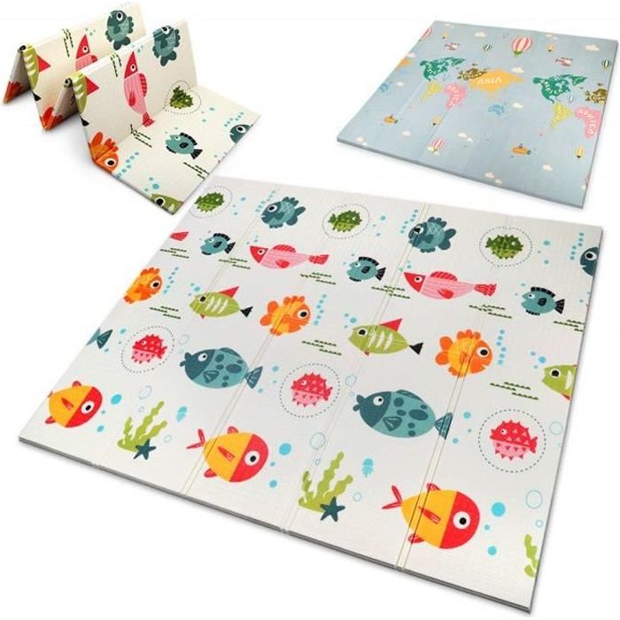 Tapis de Jeu Pliable pour Bébé 200x180x1,5CM avec Image poissons et carte du monde Antidérapant Double Face