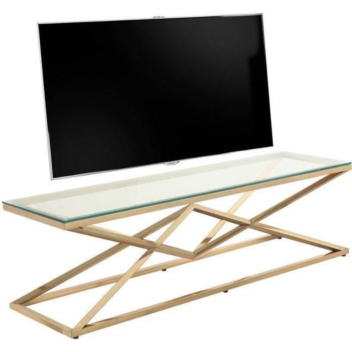 Meuble tv design en acier inoxydable poli doré et verre trempé L. 150 x P. 40 x H. 45 cm collection PARMA Or, Transparent