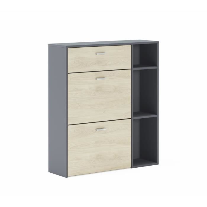 Armoire à chaussures WIND, structure Anthracite Grey,couleur Puccini sur les 2 portes basculantes et le tiroir, mesure 90x26x101.5cm