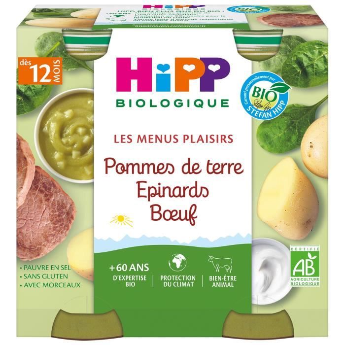 HIPP BIOLOGIQUE Les menus plaisirs Pommes de terre épinards boeuf - 2x250 g - Dès 12 mois