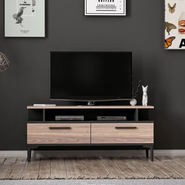 HOMEMANIA Meuble TV Sery Moderne - avec Portes, Étagères - pour Salon - Noir en Bois, 120 x 35 x 52 cm