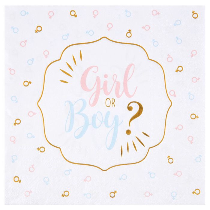 Serviette blanche Baby Shower Girl or Boy en rose, bleue et dorée métallisée (x20) REF/7655