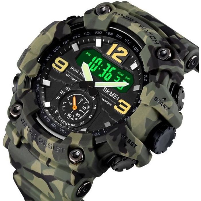 Montre Militaire Homme Sport LED Double Affichage Camouflage Verte