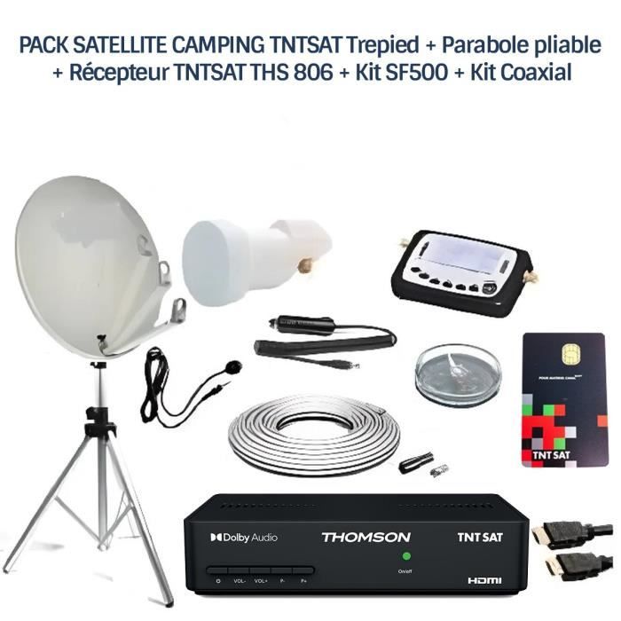 PACK SATELLITE CAMPING TNTSAT Trepied + Parabole pliable + Récepteur TNTSAT + Kit SF500 + Kit Coaxial