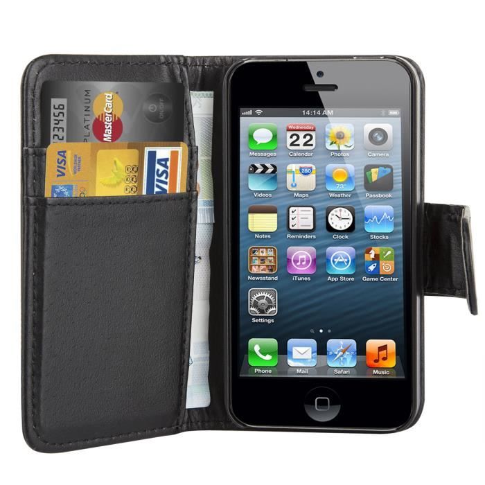 TRIXES Étui de protection portefeuille en cuir avec rabat pour iPhone 4 4S - noir