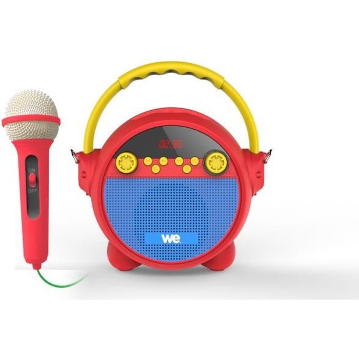 WE Radio réveil karaoké avec Micro RMS 5w, BT, Lecteur musical, USB, Micro SD, Radio FM, Batterie Rechargeable, bandoulière Incluse