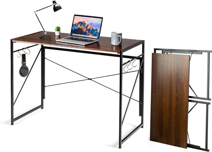 giantex bureau informatique pliable en bois-100x 50 cm-avec 6 crochets amovibles-cadre en métal-table d'ordinateur moderne-marron