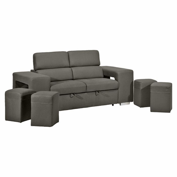 Canapé 3 places convertible tissu gris et têtières réglables - VEGAS Meubletmoi Canapé 3 places convertible tissu gris et têtières réglables - VEGAS Meubletmoi