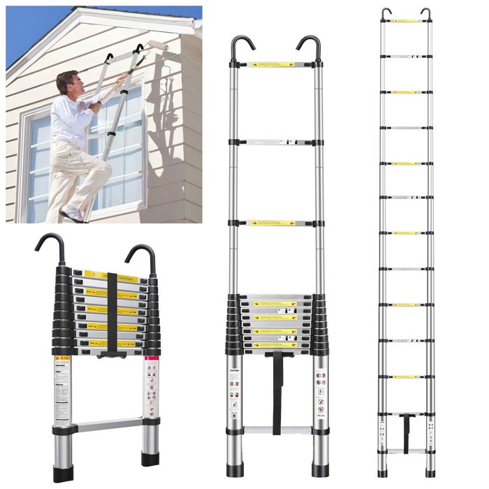 Échelle Télescopique 38M en Aluminium Bricolage Pliable Avec Accoudoir Amovible Charge Maximale 150kg