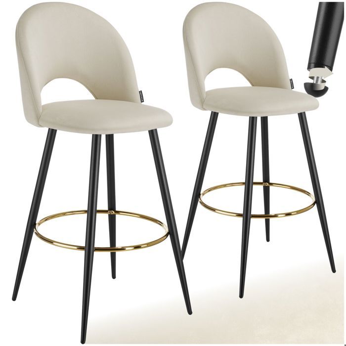 Tabouret de bar - TECTAKE - Lot de 2 tabourets SACHEL aspect velours et repose-pieds 49 x 58 x 110 cm - Crème/Noir