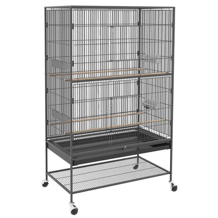Comparer les prix de Pawhut birdcage volière avec poteau et étagère 94 x 57 x 153 cm gris avec porte et roulettes pour oiseaux
