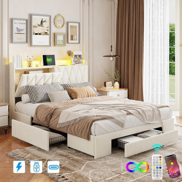 Lit double 140x200cm - ADWOLT - Velours beige - 5 tiroirs - Éclairage LED - Ports USB/AC