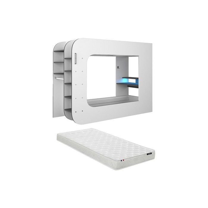 Lit mezzanine gamer 90 x 200 cm - Avec bureau et rangements - Avec LEDs – Blanc et anthracite + Matelas - WARRIOR