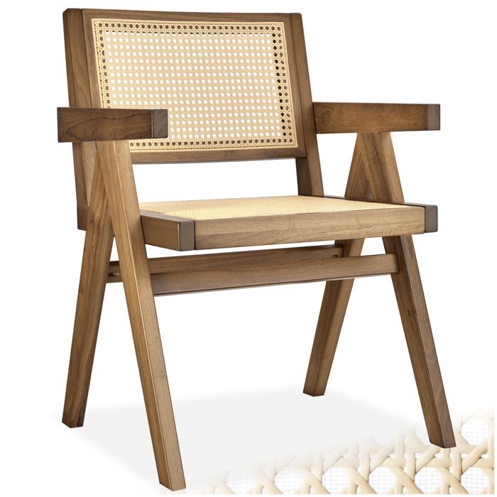 Chaise - TECTAKE - Fauteuil LISSY style boho avec cannage viennois en bois et accoudoirs 595 x 565 x 825 cm - Chêne clair