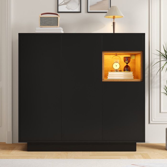 Buffet bas 3 portes 1 tiroir Buffet moderne 105x39.5x100.5cm Meuble à chaussures 18 pairs Lumineuse LED Etagère réglable Noir
