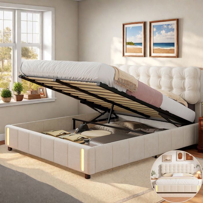 Lit Double 140x190 CM avec LED Lit Coffre avec Espace de Rangement Lit Rembourré avec Sommier à Lattes Design Luxueux Velours