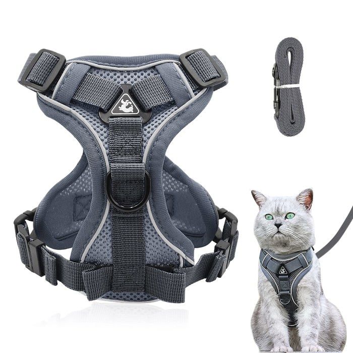 Harnais réglable anti-éclatement pour chat avec laisse - Harnais souple pour chat - Harnais de poitrine pour chat - Chiot - Gris -