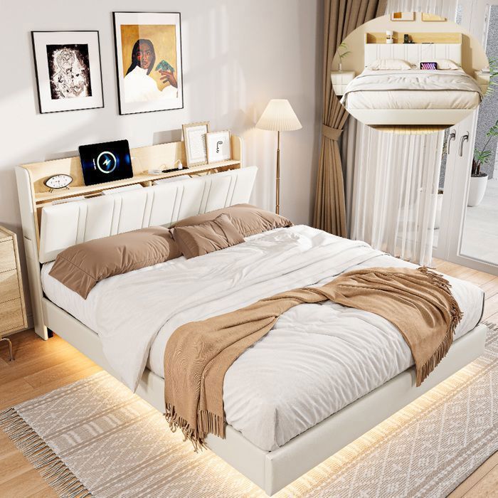 Lit Rembourré Double 140x190 cm - Lit Flottant Lit Adulte - Capitonné en PU - avec Lumière LED et Sommier à Lattes - Blanc