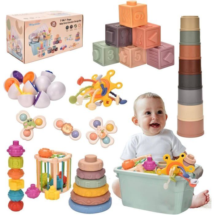 Jouet Bébé 5 En 1 Montessori - Tri De Formes, Xylophone, Gobelets Empilables, Corde à Tirer, 6 Mois à 3 Ans