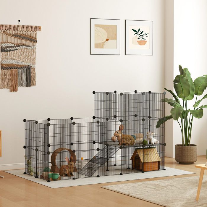 Meilleurs prix pour Enclos pour petits animaux cage à lapin modulable 2 niveaux 39 panneaux avec rampe en acier 140 x 70 x 105 cm noir