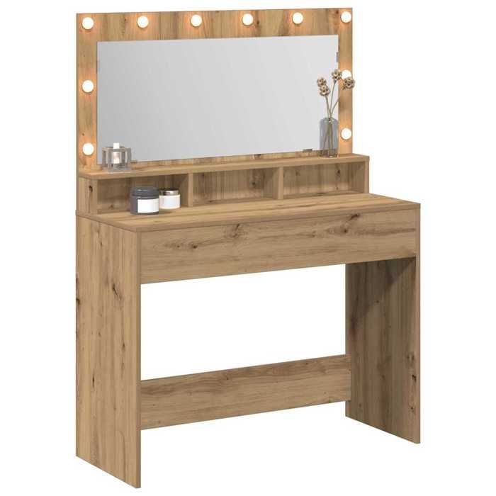 Coiffeuse chêne artisanal - vidaXL - 100x41x135 cm - Bois dingénierie - Miroir intégré - Éclairage LED - Rangement