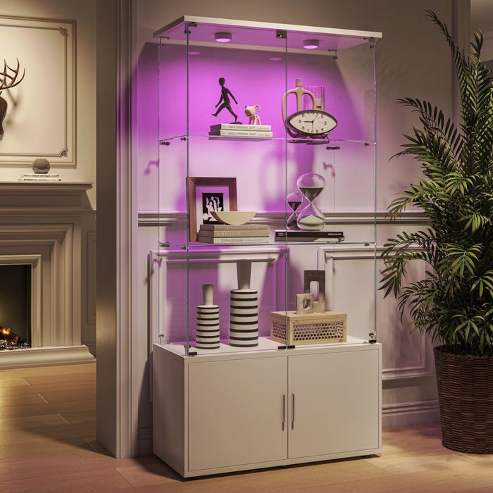 Vitrine en Verre LED ADWOLT 78 5x35x164cm Vitrine pour Collection avec 4 portes 4 étages lampe à tapoter Blanc