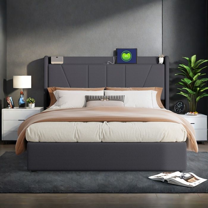 Lit Coffre 160x200 avec Sommier Lit Double avec Port USB Type C Lits 2 Personnes avec Rangement Cadre de Lits (sans Matelas)Gris
