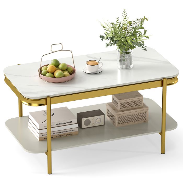 Table Basse Rectangulaire à 2 Niveaux COSTWAY Cadre en Métal Plateau en Pierre Fritté Étagère de Rangement Table de Salon Blanc Table Basse Rectangulaire à 2 Niveaux COSTWAY Cadre en Métal Plateau en Pierre Fritté Étagère de Rangement Table de Salon Blanc