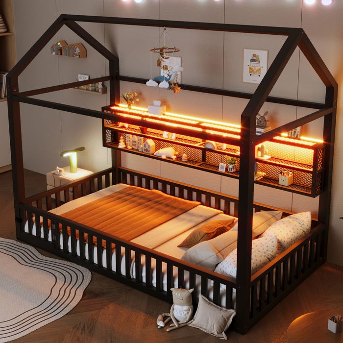 Lit cabane enfant 90 x 200 avec éclairage LED compartiment de rangement lit au sol Montessori pour garçons et filles noir