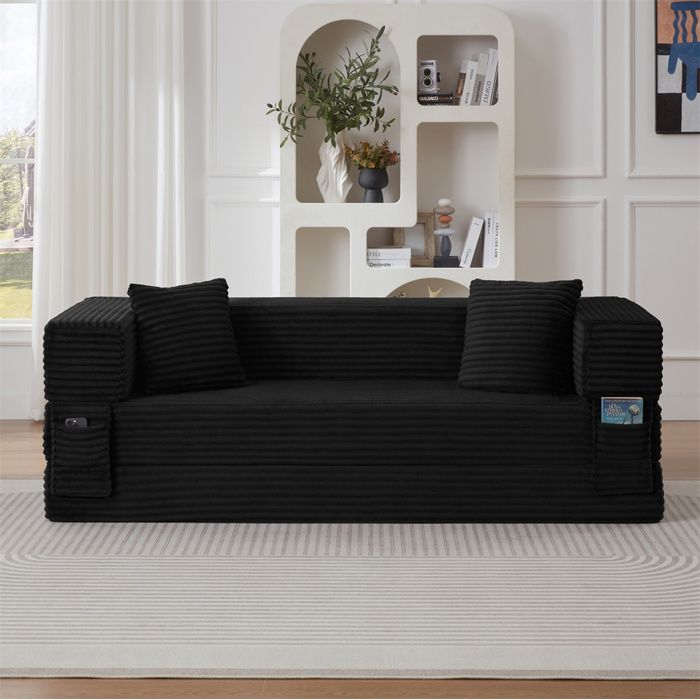 DRIPEX Canapé-lit Pliant en 2 placescanapé compressé en velours côteléDIY Libre et Poches LatéralesL200cm pour salonNoir