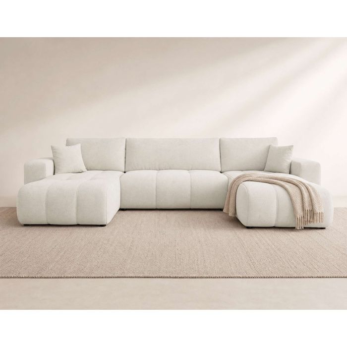 Nicole - Canapé panoramique en U 7 places convertible avec coffre en tissu - Beige