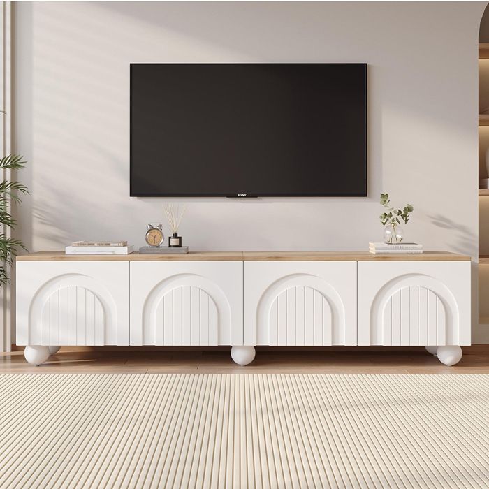Meuble TV - 180x40x45 cm - Blanc + chêne - 4 portes - 6 pieds métalliques