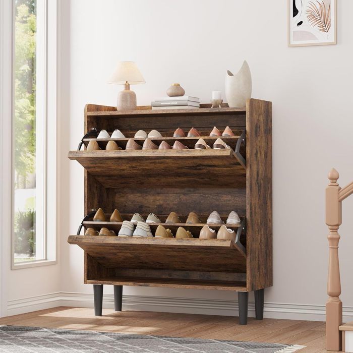 Meuble à Chaussures avec 2 Tiroirs Rabattables Meuble De Rangement à Chaussures 18 Paires Étagère Réglable en MARRON