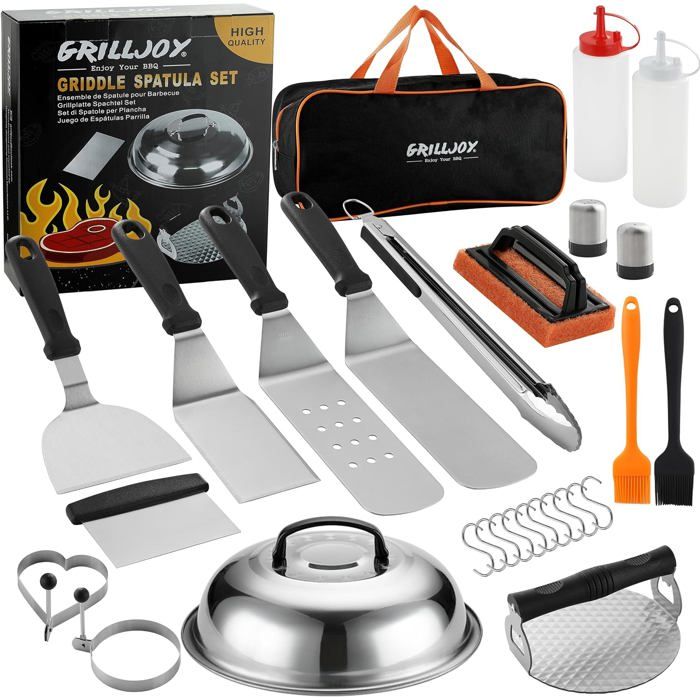 Kit 28 pcs plancha inox smash burger spatule cloche cuisson accessoires barbecue gaz teppanyaki camping