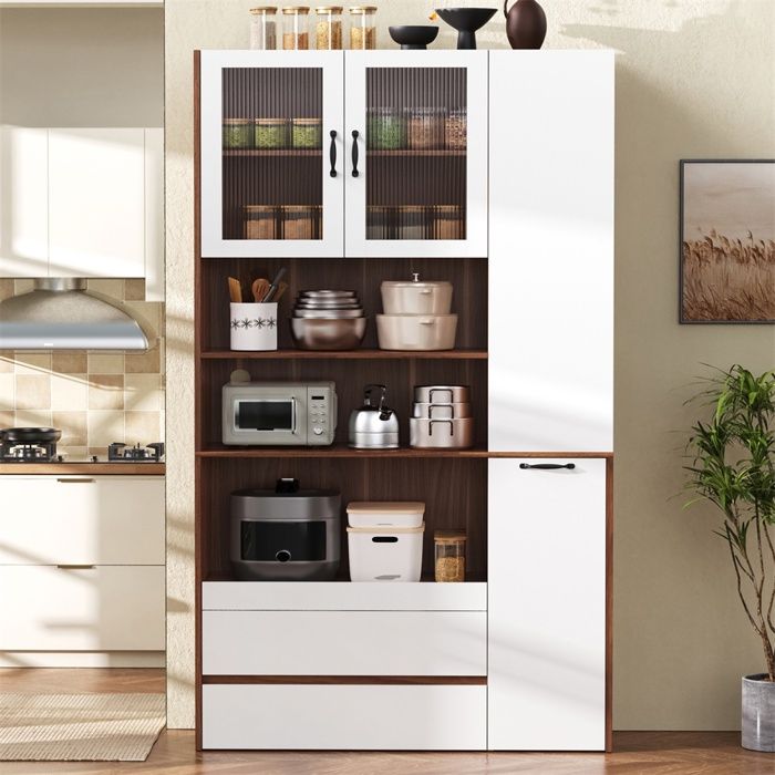 Buffet Haut – Sideboard – Highboard avec Rangement Extensible Riffelglas & Tiroirs – Style Scandinave – Blanc + Noyer